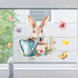 Detail of Easter bunny window cling with watercolor rabbit and floral spring decor