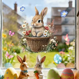 Close-up of Easter bunny and eggs static window stickers in a watercolor floral design