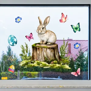 Detail of Easter bunny and watercolor butterflies on static cling window decal