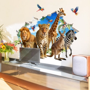 Vinilo decorativo 3D detallado de animales salvajes rompiendo la pared del salón