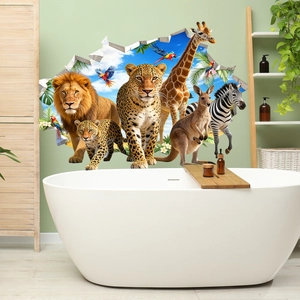 Vinilo decorativo 3D efecto pared rota con león, jirafa y cebra en un baño de estilo moderno