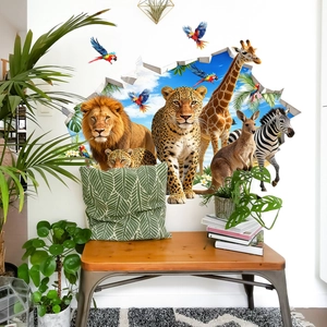 Detalle de vinilo de pared 3D con animales de safari y efecto de muro roto