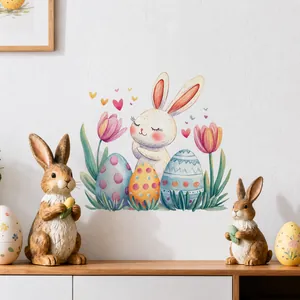 Wandtattoo-Detail zu Ostern mit Aquarell-Hase, floralen Tulpen und bunten Eiern Deko