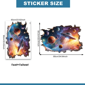 3D outer space wall sticker set with UFO and planets layout size 60x90cm for room decor