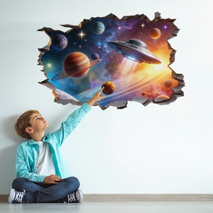 3D outer space UFO wall decal with boy pointing at stars for kids room decor