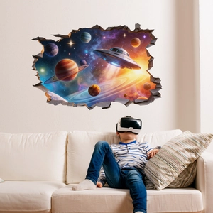 3D Space UFO Broken Wall Sticker Galaxy Planet Starry Sky Self Adhesive PVC Decal For Kids Room Bedroom Home Wall Decor