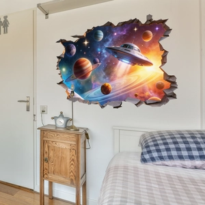 3D outer space wall decal with UFO and galaxy view through a cracked wall effect