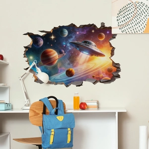 Detailed 3D outer space wall sticker showing a UFO and planets on a broken wall background