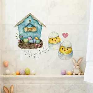 Detail von Oster-Wandtattoos mit Aquarell-Vogelhaus, Eiern und Happy Easter Aufschrift