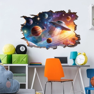 3D space wall sticker featuring a UFO and colorful planets with a cracked wall effect