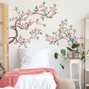 Vinilos decorativos de ramas de flores rosas y pájaros para decoración de cuarto