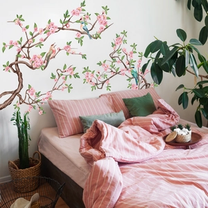 Vinilos decorativos de pared con ramas de cerezo rosa y pájaros para salón dormitorio