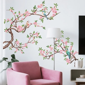 Vinilos decorativos de ramas de cerezo rosa y pájaros para decoración de salón acogedor
