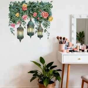 Floral watercolor wall sticker with vintage hanging lamps and pink roses for home decor
