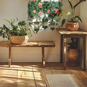 Detail of floral wall sticker with vines and retro lanterns in a cozy room setting