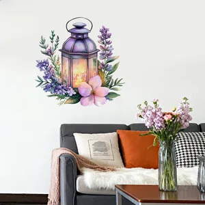 Detail of floral lantern wall sticker with lavender flowers in a cozy living room scene