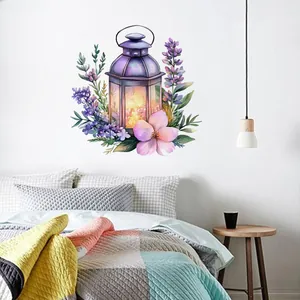 Detailed watercolor wall sticker featuring a vintage lantern with lavender and pink flowers