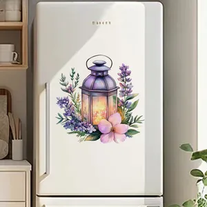 Detail of floral street lamp wall sticker with lavender flowers on a white surface