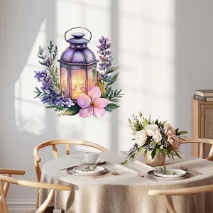 Floral street lamp wall decal with purple lantern and lavender for living room decor