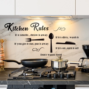 Kitchen Rules wall decals featuring black matte PVC lettering with kitchen utensils icons