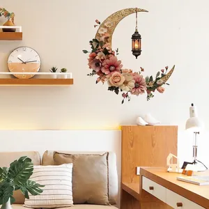 Bohemian floral moon wall sticker with vintage lantern for living room home decoration