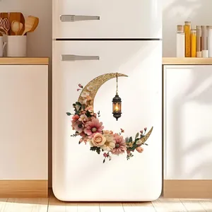 Floral moon wall sticker with lantern design on modern white refrigerator surface
