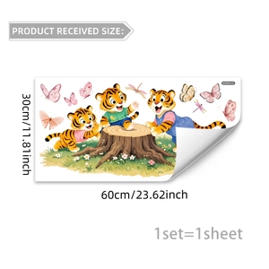Cartoon tiger wall sticker 60x30cm PVC sheet with butterflies and flowers for kids rooms