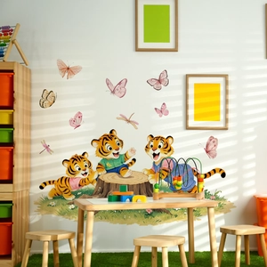 Cartoon tiger wall stickers with butterflies and grass decor for children bedroom