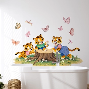 Detailed watercolor tiger wall stickers with butterflies and floral motifs for home decor