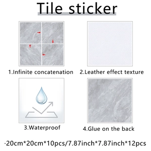 Detail of gray marble tile stickers showing 20x20cm size and waterproof leather texture
