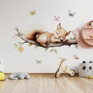 Waterweight watercolor squirrel and butterflies wall stickers for a cozy nursery decor