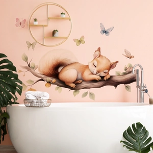 Detailed watercolor squirrel wall sticker with colorful butterflies on a pink cozy wall