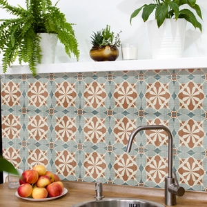 Retro geometric marble tile stickers for kitchen backsplash with brown and teal patterns