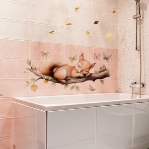 Detail of cartoon squirrel wall sticker with watercolor butterflies in bathroom
