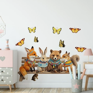 Boho woodland animal wall decals with fox, bear and rabbit for nursery room decor