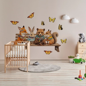 Bohemian forest animal wall decals featuring fox, bear, and rabbit for nursery decor
