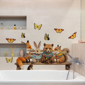 Cartoon forest animals wall stickers on bathroom tile showing fox, bear and rabbit
