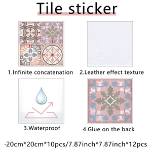 Detail of 20x20cm waterproof marble tile stickers with vintage pink and grey geometric patterns