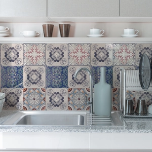 Kitchen backsplash with vintage Moroccan marble pattern wall tile stickers in mixed colors