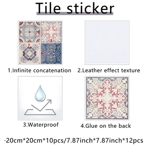 Detail view of 20x20cm waterproof retro geometric tile stickers with leather texture