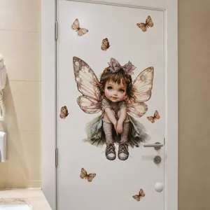 Detailed fairy wall sticker with butterfly wings and flying butterflies on white door