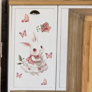 Cute bunny in pink lace dress with butterflies and roses wall stickers for kids room