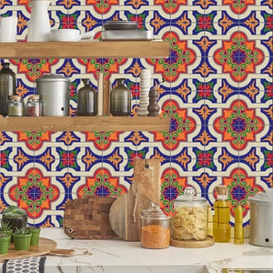 Detailed view of colorful Moroccan Talavera tile stickers in a modern kitchen setting
