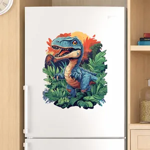 Detail of cute blue cartoon dinosaur wall sticker applied on a white refrigerator surface