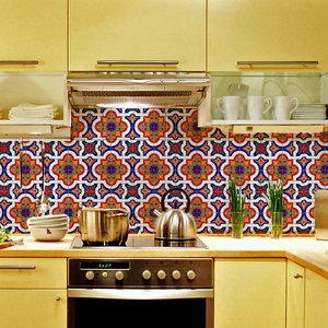 Moroccan style self-adhesive tile stickers showing colorful patterns in a kitchen backsplash