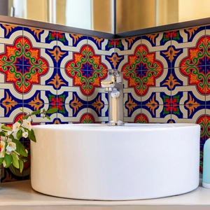 Detail of colorful Moroccan style geometric tile stickers for bathroom backsplash decor