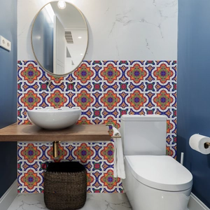 Detail showing Moroccan style mosaic wall stickers in a modern bathroom backsplash setting