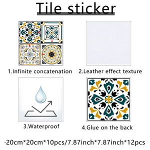 Detail showing 20x20cm leather texture tile stickers with vintage geometric patterns