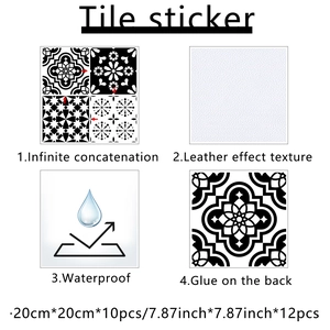 Detail showing waterproof leather effect tile stickers with vintage geometric patterns