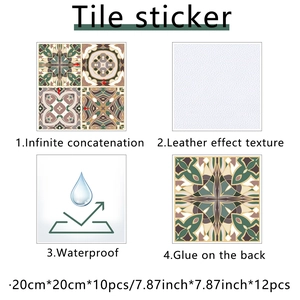 Detail showing waterproof leather texture and self-adhesive backing of retro tile stickers